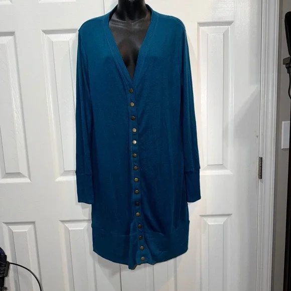 Zenana Outfitters Teal Blue Longline Snap Front Cardigan Sweater Women's 2X - Picture 3 of 5